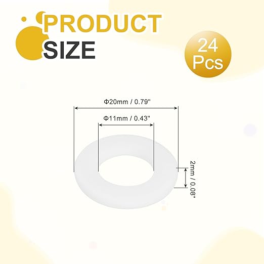 MECCANIXITY PTFE Flat Washers, 24Pack 20mm OD 11mm ID 2mm Thick Sealing Spacer Gasket Ring for Faucet Pipe Hose Bolt Machinery, White