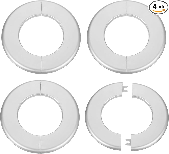 HARFINGTON 4pcs Wall Split Flange 78mm/3.1" Self-Adhesive Plumbing Cover Plates ABS Plastic Round Escutcheon Plate Buckle Design for Water Pipe Bathroom Kitchen Decoration, Silver Tone