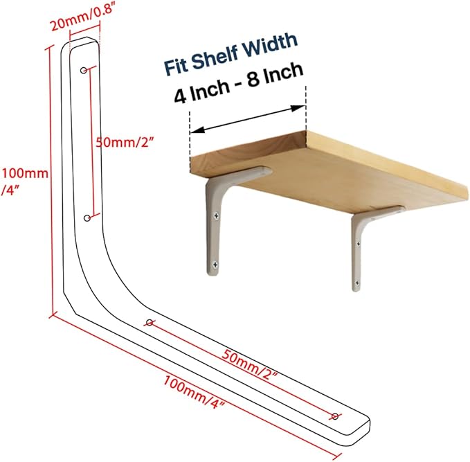 SAYAYO 4 PCS Iron Wall Shelf Bracket, 4 x 4 Inch Heavy Duty Shelf Support Bracket Decorative Joint Angle Bracket, Bright White