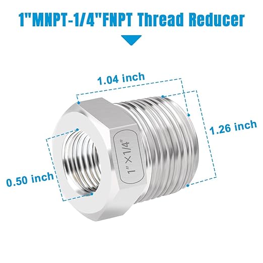 Quickun Stainless Steel Reducing Hex Bushing, 1" Male NPT to 1/4" Female NPT, Reducer Bushing Pipe Hose Fitting （Pack of 2）