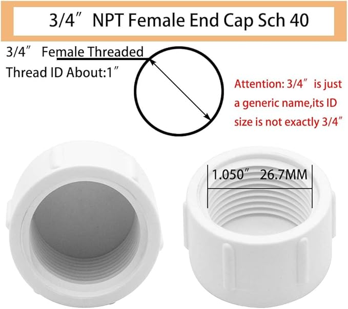 YSIL 3/4 Inch PVC End Cap Plug, Female Threaded Plug, PVC Water End Cap Connector Pipe Fittings for Plumbing Water Line (12 Pack) White