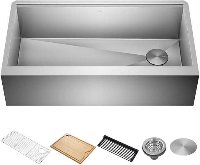 KRAUS Kore 36-Inch Farmhouse Workstation 16 Gauge Single Bowl Stainless Steel Kitchen Sink with Accessories, KWF210-36