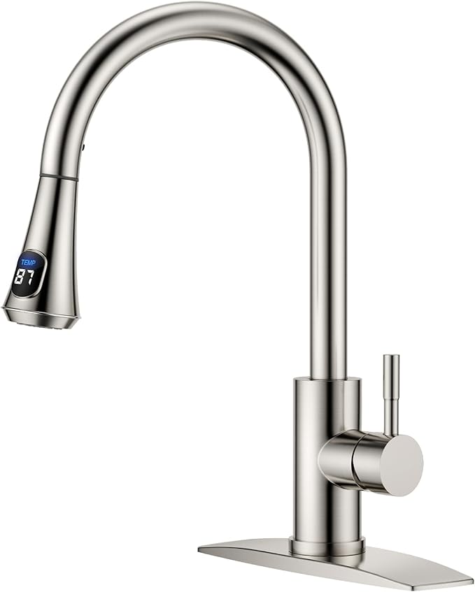 FORIOUS LED Kitchen Faucet with Pull Down Sprayer, Brushed Nickel, Single Handle Modern Stainless Steel Sink Faucet with Temperature Digital Display, Suitable for Farmhouse Camper Rv Bar