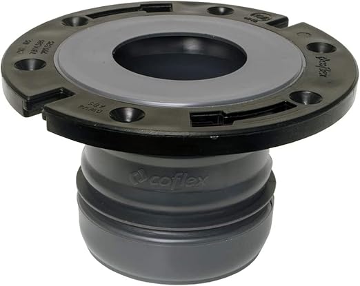 FlexOn 4-Inch Toilet Flange Repair Kit, No-Wax Commode Flange with Spacer, Offset Bolts & Seal Gauge - Fits ABS, Cast Iron & Tile Floors, Elevates 3/8" to 1-1/8" (Black/Gray)