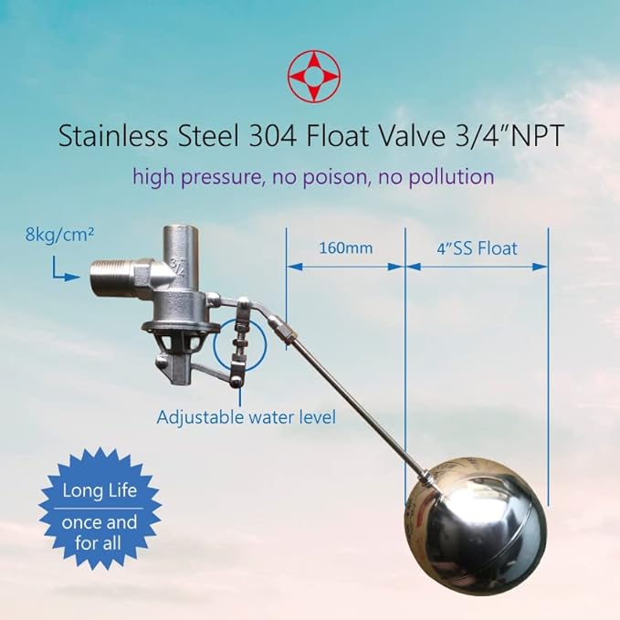 Viton sealing, 304 Stainless Steel Balanced Float Ball Valve, Tank Mount, 100 Psi (3/4")…