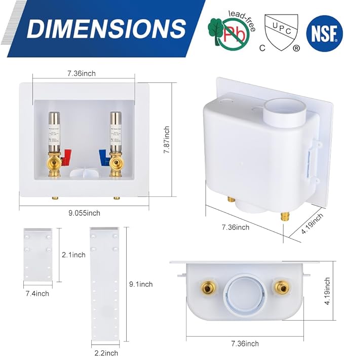EFIELD Universal Washing Machine Outlet Box, 1/2-inch Pex Crimp Inlet Connection With Stainless Steel Water Hammer Arrestor, Center Drain,(WM052)