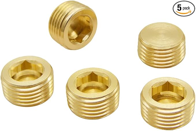 Hooshing 3/8" NPT Brass Pipe Plug Counter Sunk Internal Hex Thread Socket Pipe Plug, 5 Pack