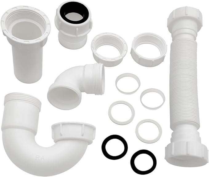 White 1 1/4" and 1-1/2" P-Trap Plumbing Kit with Threaded Adapter, J-Bend for Restroom Sink Kitchen Sink Drain Pipe, Flexible Extension Tube Drain Tailpiece
