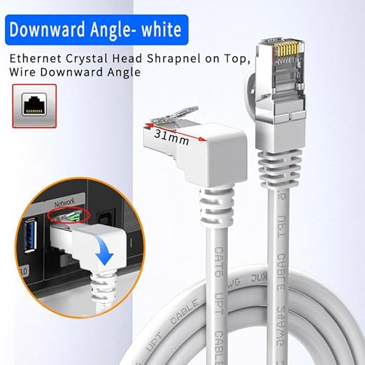 Cat6 90 Degree Ethernet Cable Right Angle White CAT 6 Ethernet Patch Cable -Down Angle-20FT Right Angle Ethernet Adapter Bandwidth up to 250MHz 1000Mbps for PC, Router, Modem, Printer, Xbox, PS4
