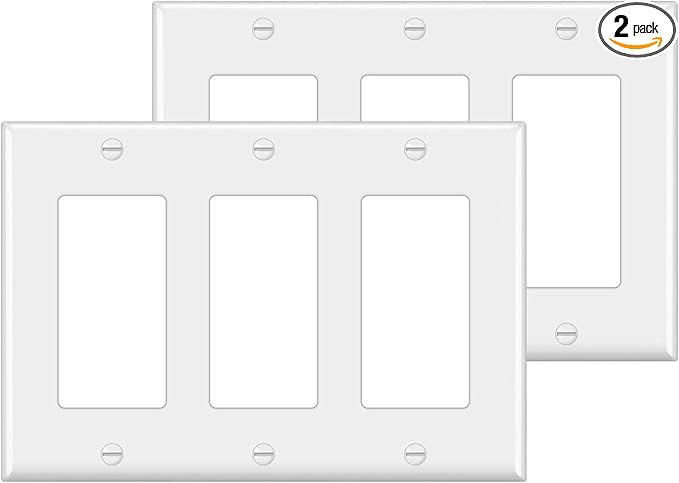 [2 Pack] BESTTEN 3-Gang Decorator Wall Plate, GFCI Outlet and Dimmer Switch Cover with 3 Decorator Openings, Standard Size, H4.53” x L6.38”, Unbreakable Polycarbonate, UL Listed, White