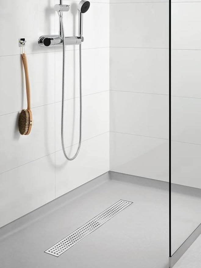 Linear Shower Drain, Shower Drain 28 inch with Removable Grate Cover, Professional AISI 304 Stainless Steel Shower Floor Drain, Shower Drain with Hair Catcher and Leveling Feet