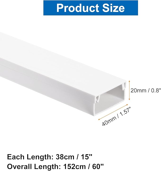 HARFINGTON 4pcs Cord Hider Wall 15inx1.57inx0.8in (LxWxH) PVC Cable Cover Self Adhesive Wire Hider Wall Mounted TV Cable Raceway for Cables Management (60in Total Length),White