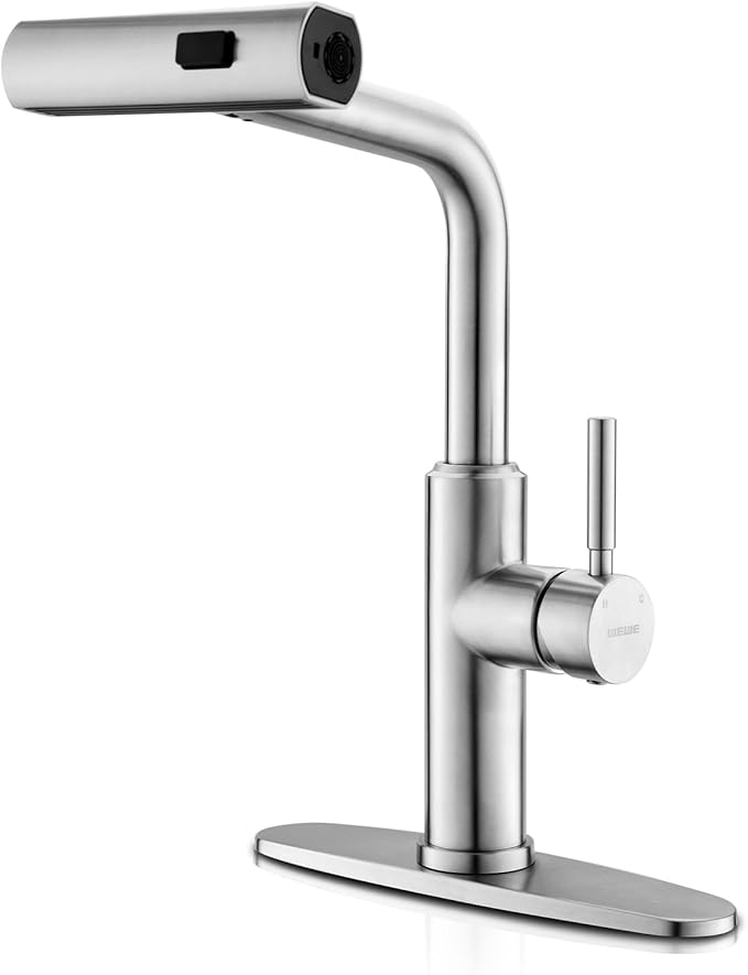 WEWE Waterfall Kitchen Faucet with Pull Down Sprayer, 3 Modes(Sweep/Stream/Waterfall) Rotary Switch Mode Stainless Steel Kitchen Sink Faucet Single Lever Handle Brushed Nickel Sink Fuacet