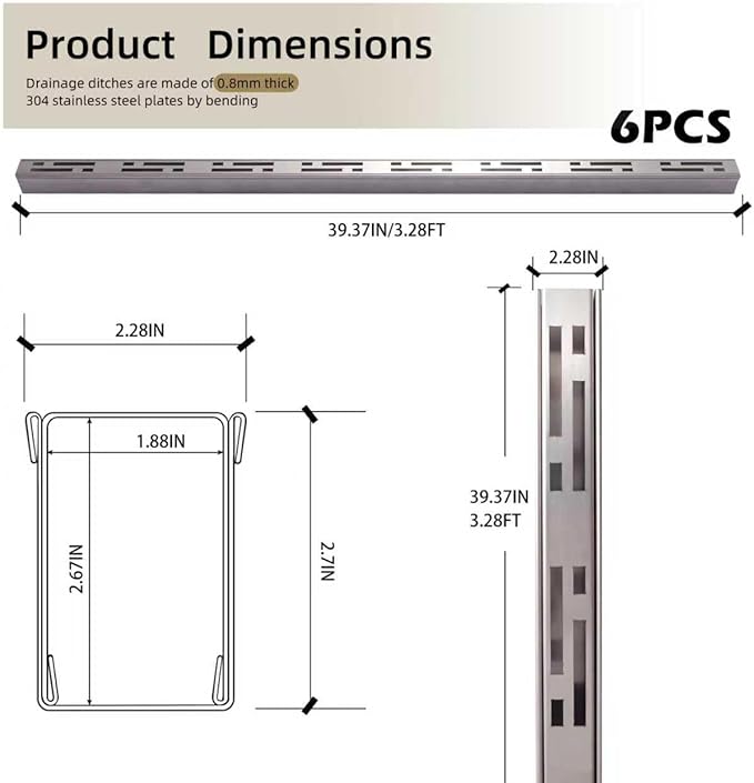 Pool Deck Drain Channel, 2.3" W x 19.6' L, 304 Stainless Steel Channel Drain Outdoor, Deck Drainage System with Coupling, Trench Drain System for Pool Decks, Patios,Walkways, Courtyards, Paver.