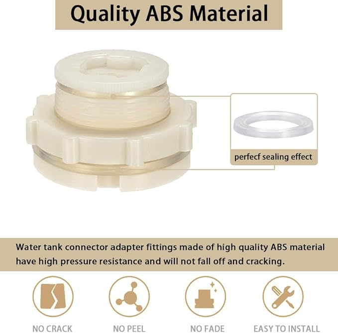 1.25" Female ABS Bulkhead Fitting, Plastic Water Tank Connector Adapter Fitting with Plugs for Outdoor rain Barrel Garden Hose Adapter Spigot kit Water Tank Gallon Drain Bucket(Set of 2)