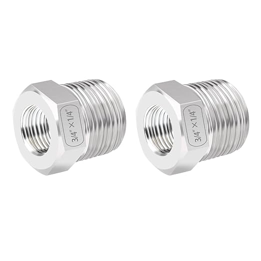Quickun Stainless Steel Reducing Hex Bushing, 3/4" Male NPT to 1/4" Female NPT, Reducer Bushing Pipe Hose Fitting （Pack of 2）