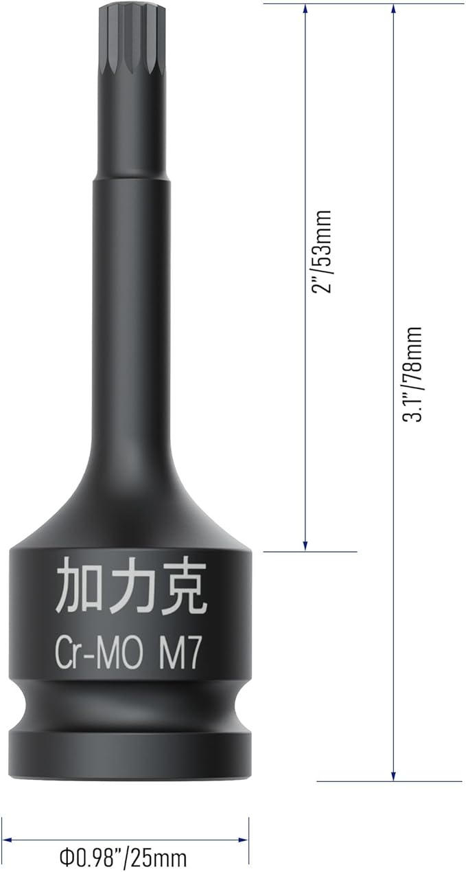 1/2-Inch Drive x M7(7mm） Impact XZN Triple Square Spline Bit Socket, Metric Lengthen Screwdriver Socket Adapter, 3-Inch Length, CR-MO Steel, One-Piece Construction, Black
