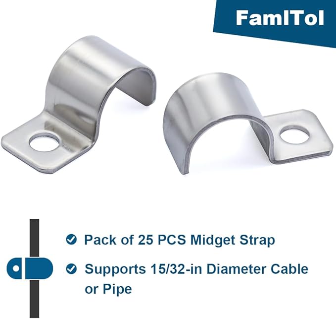 Conduit Pipe Clamps, 304 Ss Pipe Mounting Brackets, Metal One-Hole P-type Clips for Tube or Wire Cord Installation Fixed Clip | OD 15/32" | 25 Pcs