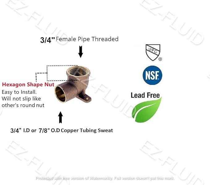 (10-Pack) EZ-Fluid 3/4-inch Nominal Copper Sweat X 3/4" Fip Threaded Drop Ear Elbow Fitting 3/4"C by F, LF Brass Shower Drop Ear 90 Degree Elbow with Sweat Socket and Female Threaded Plumbing Fittings