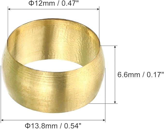 PATIKIL 12mm Tube OD Brass Compression Sleeves Ferrules, 25 Pack Brass Ferrule Fitting Brass Compression Fitting Assortment Kit for Air Water Gas Pipe