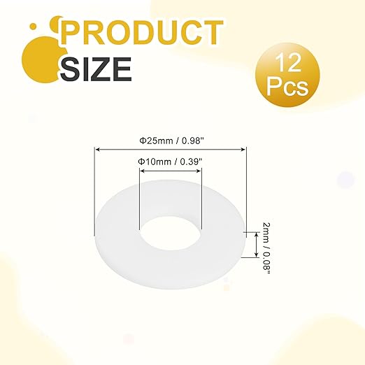 MECCANIXITY PTFE Flat Washers, 12Pack 25mm OD 10mm ID 2mm Thick Sealing Spacer Gasket Ring for Faucet Pipe Hose Bolt Machinery, White
