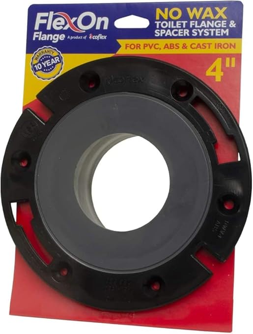 FlexOn 4-Inch Toilet Flange Repair Kit, No-Wax Commode Flange with Spacer, Offset Bolts & Seal Gauge - Fits ABS, Cast Iron & Tile Floors, Elevates 3/8" to 1-1/8" (Black/Gray)