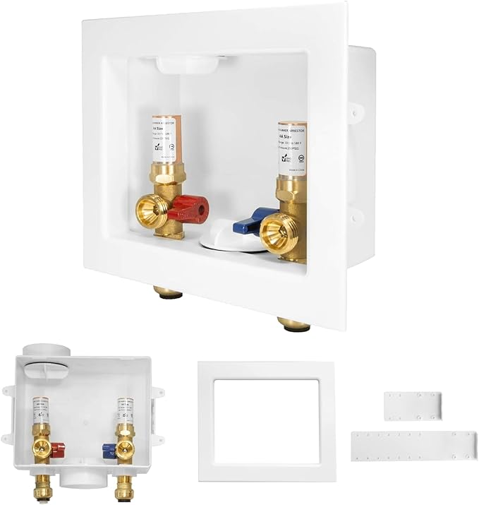 1-PACK GUOFIS Washing Machine Outlet Box with Copper Water Hammer Arrestor, PEX Laundry Washer Box with Central and Side Drain Design(1/2"Push-fit Connection Inlet X 3/4"MHT Outlet)(WM015)