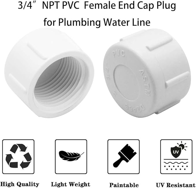 YSIL 3/4 Inch PVC End Cap Plug, Female Threaded Plug, PVC Water End Cap Connector Pipe Fittings for Plumbing Water Line (12 Pack) White