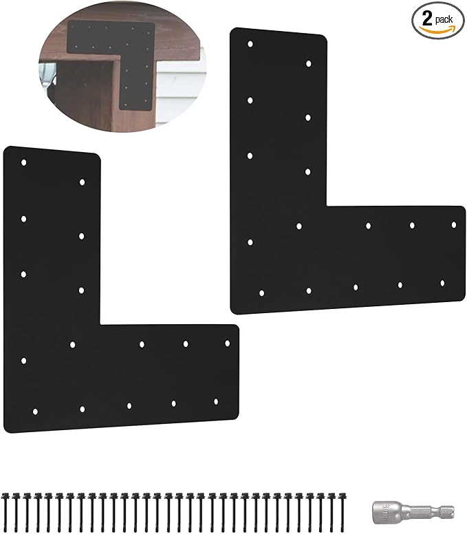 2 Pcs 13.2"x 5"L Shape Flat Bracket, Mending Plate with Black Powder-Coated Right Angle Brackets, Corner Bracket, L Shape Plate Fit 6x6,8x8 for Repair House,Furniture,Pavilion,Truss framing