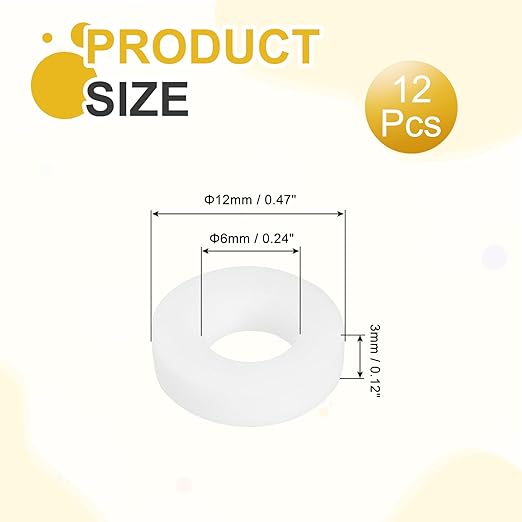 MECCANIXITY PTFE Flat Washers, 12Pack 12mm OD 6mm ID 3mm Thick Sealing Spacer Gasket Ring for Faucet Pipe Hose Bolt Machinery, White