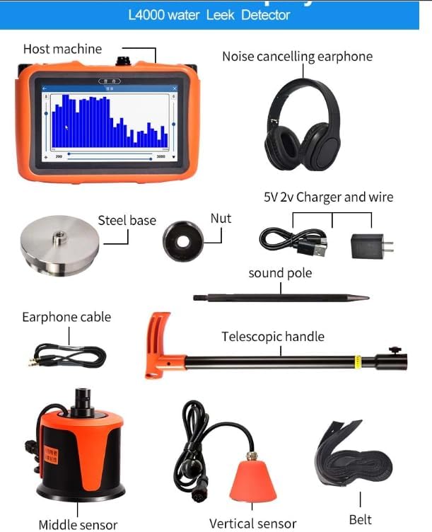 PQWT L4000 Underground Water Leak Detectors Indoor Outdoor Wall Water Pipe Detector Machine Multi Sensor Acoustic Pipeline Leakage Detection Kit Noise Reduction Headphone Smart Touchscreen Carry Case