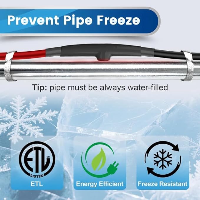 22 FT Heat Tape for Water Pipes Freeze Protection with Thermostat, Electric Heat Trace Pipe Heating Cable Energy-Saving 120V 7W/FT