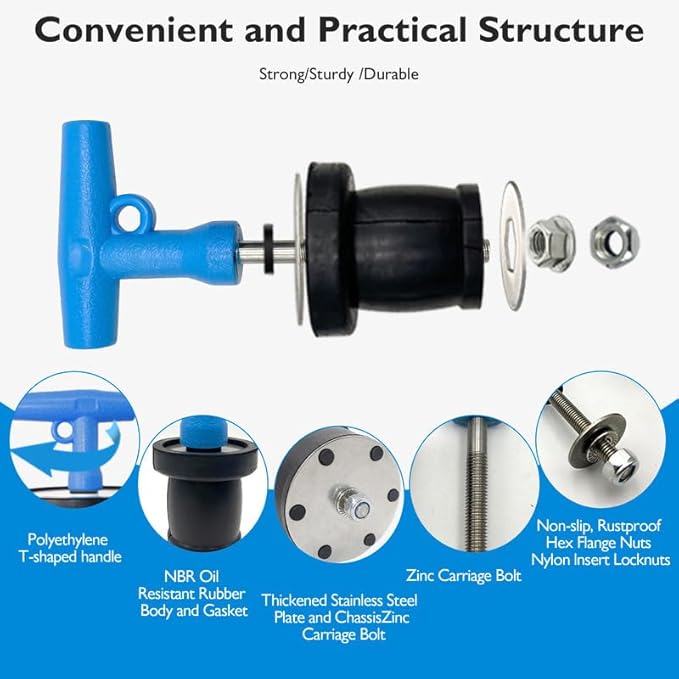 Mechanical Test, Seal, Cleanout Pipe Plug, 3-7/16 to 3-15/16 in Expansion Rubber Plug Cap Cover for Pressure, Leakage DWV Testing, Boat Handle Drain Plug with Galvanized Screw and Nut