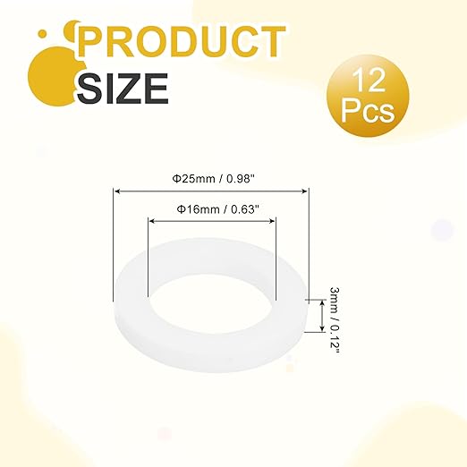 MECCANIXITY PTFE Flat Washers, 12Pack 25mm OD 16mm ID 3mm Thick Sealing Spacer Gasket Ring for Faucet Pipe Hose Bolt Machinery, White
