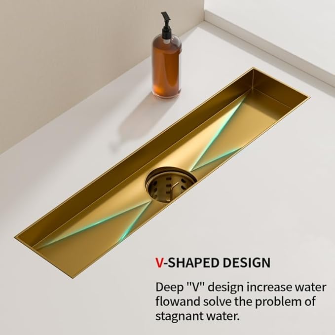 Linear Shower Drain, 304 Stainless Steel with Adjustable Leveling Feet, Hair Strainer,Reversely Install Place to Create an Invisible Floor Drain - Gold -18-Inch