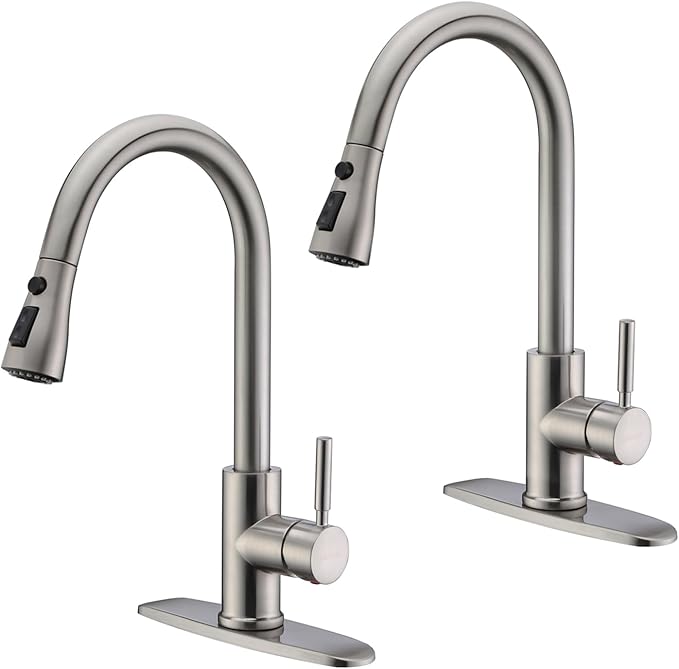 WEWE Kitchen Faucet with Pull Down Sprayer, Brushed Nickel Kitchen Sink Faucet Fits 1 or 3-Hole Kitchen Sinks, Single Handle Premium Stainless Steel, Suitable for RV, Farmhouse, Bar (Set of 2)