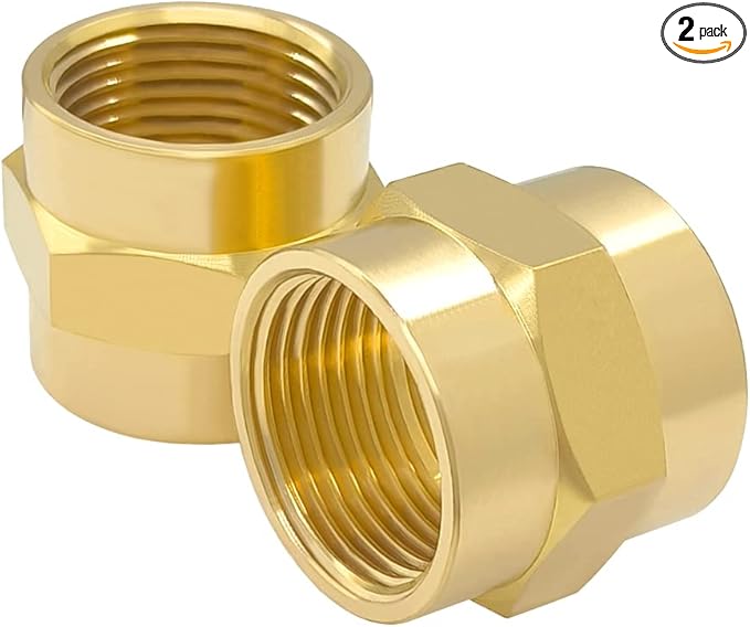 Hooshing 3/4" x 3/4" NPT Coupler Brass Female Hex Nipple Coupling Pipe Fitting, 2 Pack