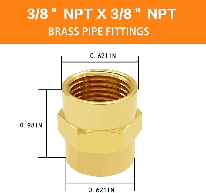 Brass Pipe Fitting NPT Coupler, 3/8" x 3/8" Standard NPT Female thread (pack of 2)