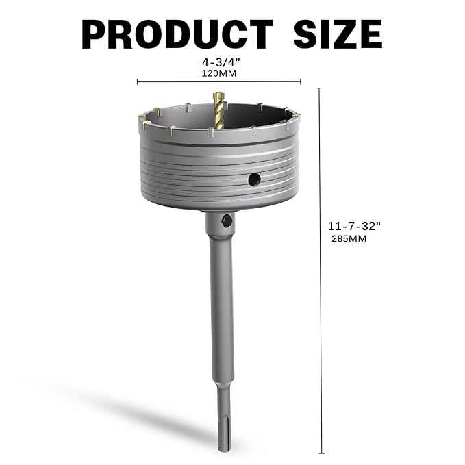 4-3/4" Concrete Hole Saw,120mm Masonry Hole Saw, with 220mm SDS Plus Shank Connecting Rod for Concrete Brick Cement Stone Wall Drilling Home Improvement