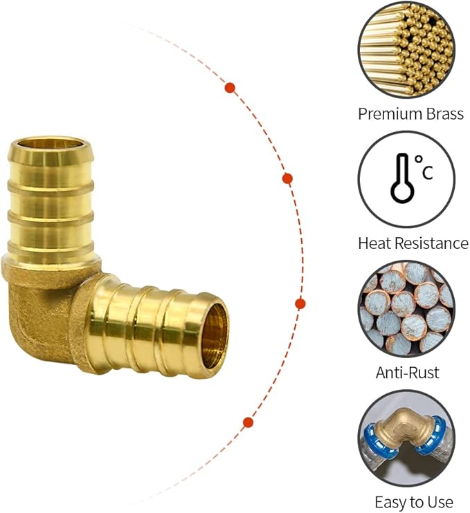 100 Pack 1/2" PEX Fittings, Brass PEX Elbow Fittings for PEX Tubing Pipe