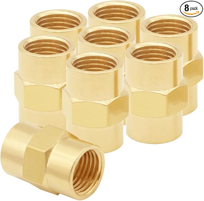 8PCS 1/8 Inch NPT Brass Hex Nipple Coupling 1/8" NPT x 1/8" NPT Female Threaded Equal Diameter Coupler Air Hose Pipe Fittings Adapter for Water/Oil/Gas