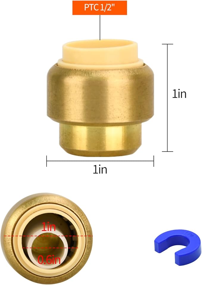 2 Pack Push-to-Connect Plumbing Fittings, 1/2" Pushfit End Cap Fittings with Disconnect Clip for Copper, PEX, CPVC Pipe