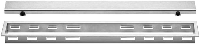 All-in-one Waterproof Linear Shower Drain Kit with 32 Inch Center Outlet Channel Body (KL1V60E80) and Drain Grate Assembly (Cover) in Solid Design with Brushed Stainless Steel Finish (KL1AR19EB80)