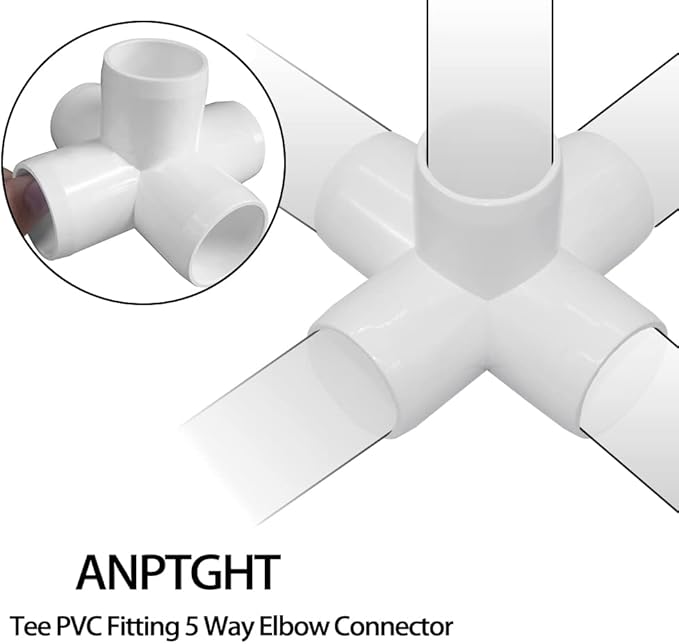 2 Inch Tee PVC Fitting 5 Way Elbow Connector, Furniture Grade 90 Degree Elbow Side Outlet, PVC Corner Fittings for Building Furniture Greenhouse Shed Pipe Fittings Tent Connection (Pack of 4)