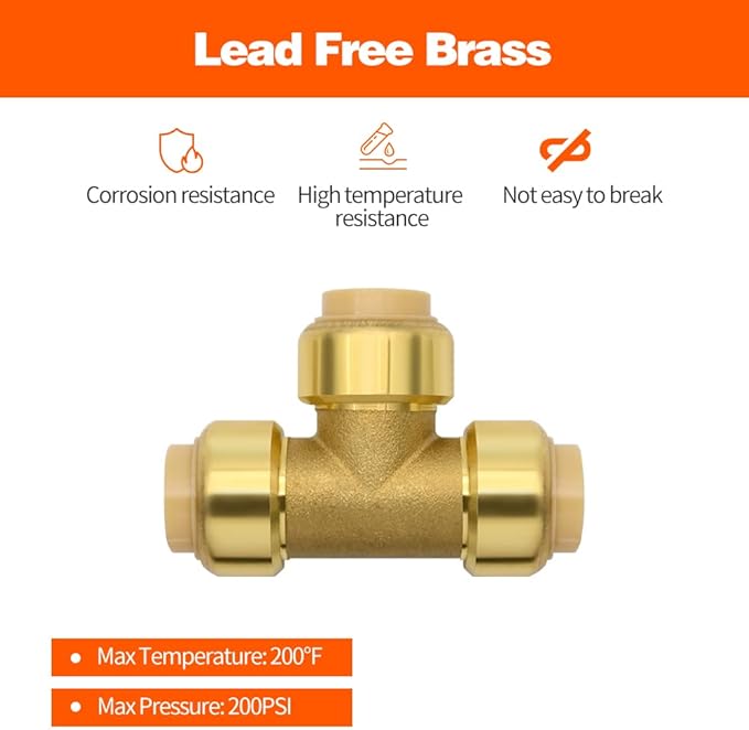6 Pack Push-to-Connect Plumbing Fittings, 1/2" Pushfit Tee Fittings with Disconnect Clip for Copper, PEX, CPVC Pipe