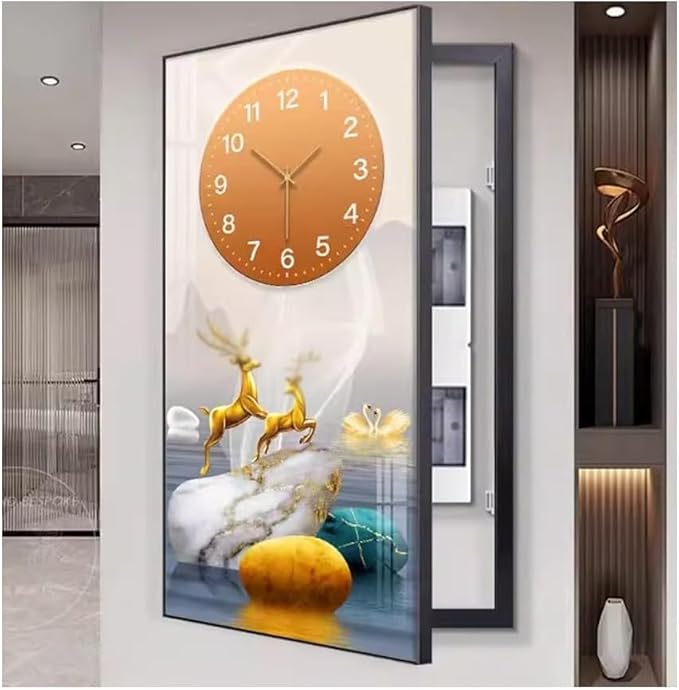 Fuse Box Cover Cabinet, Breaker Box Cover, Decorative Painting of Electricity Meter with Clock, Wall Mounted Hide Electrical Panel Cover Decorative,A,45x90cm