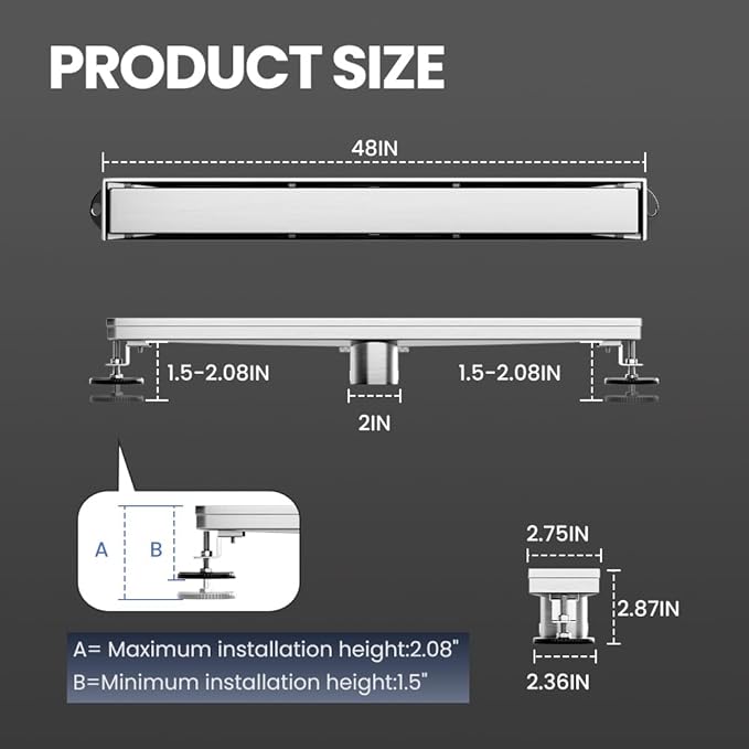 Linear Shower Drain 48 Inch, 2-in-1 Tile Insert Panel, Brushed AISI 304 Stainless Steel Fast Drainage Floor Drain for Bathroom, Kitchen, Garage & More