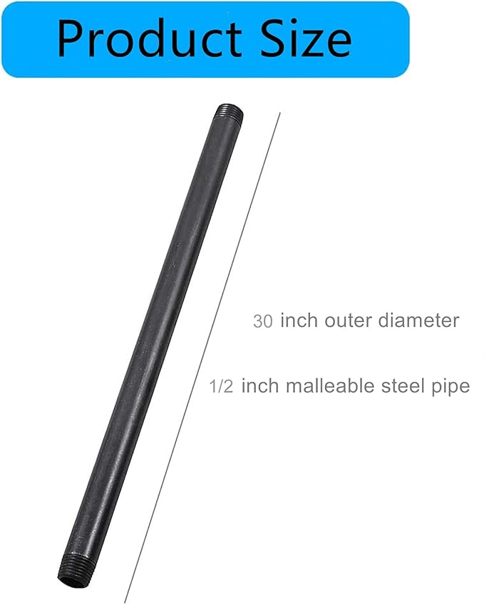 1/2” x 30 ” Black Malleable Steel Nipples Fitting, 1/2 Inches Threaded Pipe Nipples, DIY Steampunk Industrial Vintage Style, 10 Pack.
