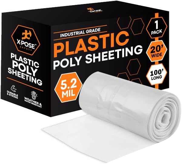 Xpose Safety Clear Plastic Sheeting – 20' x 100' Roll – Heavy Duty 5.2 Mil Poly Sheet – Waterproof, Dustproof, Vapor Barrier – for Construction, Painting, Industrial Use
