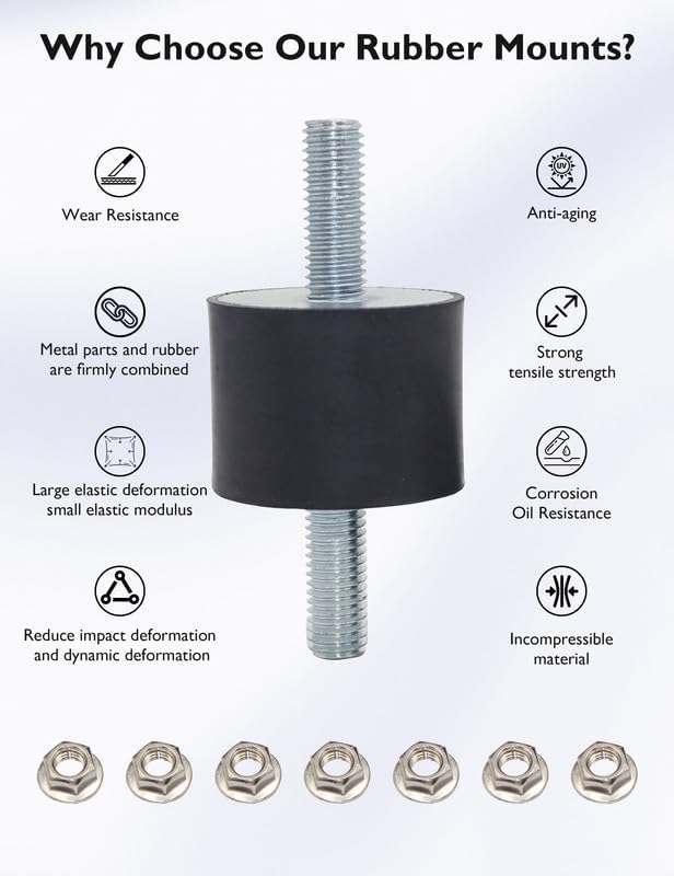 M8 Rubber Vibration Isolator Mounts Double Stud Shock Absorber Isolation Mounts Anti Vibration Silent-Blocks for Car Boat Bobbins Motors Compressors Pumps, 4pcs M8x23-40x20mm, 8pcs LockNuts